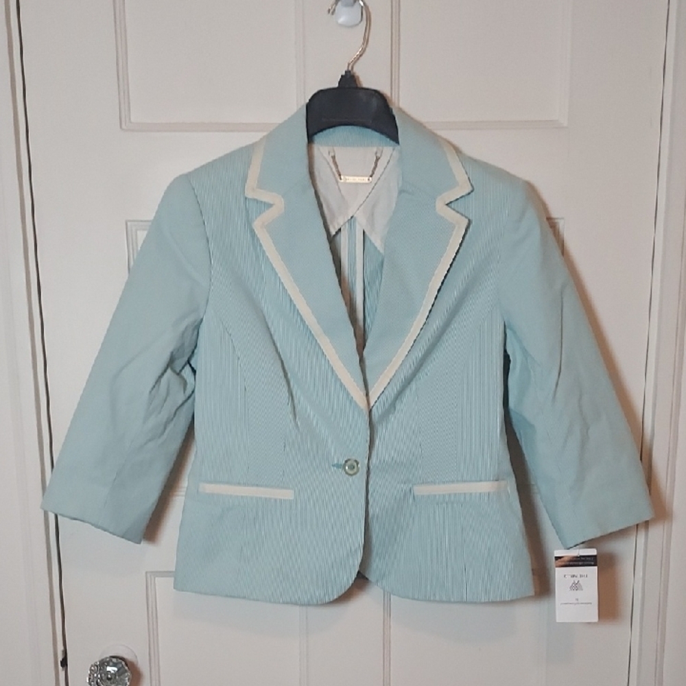 Trina Turk Light Blue Narrow Stripe Blazer with White Trim SZ 8